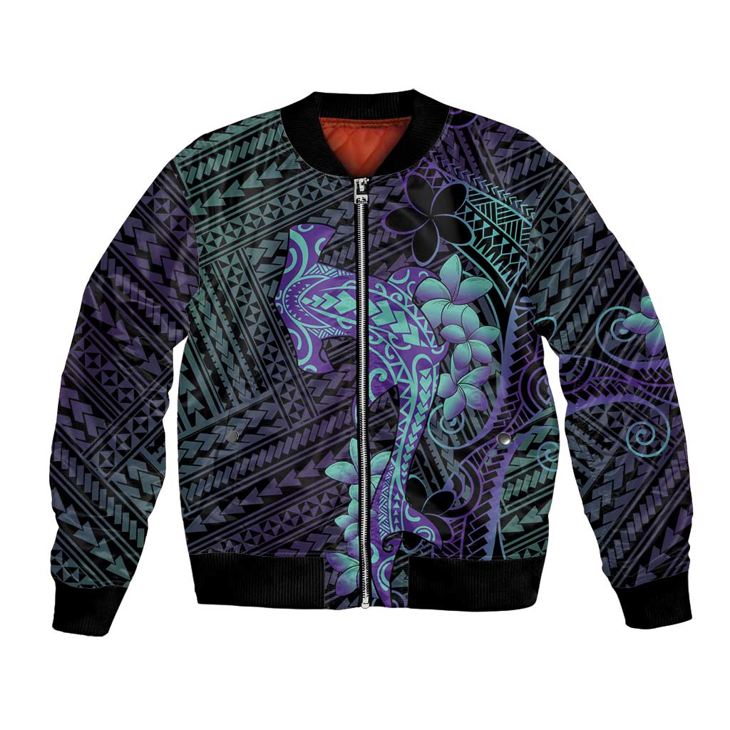 Purple Paradise Hawaii Bomber Jacket Hammerhead Shark Tattoo Curve Polynesian - Polynesian Pride