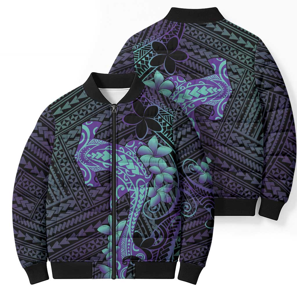Purple Paradise Hawaii Bomber Puffer Jacket Hammerhead Shark Tattoo Curve Polynesian - Polynesian Pride