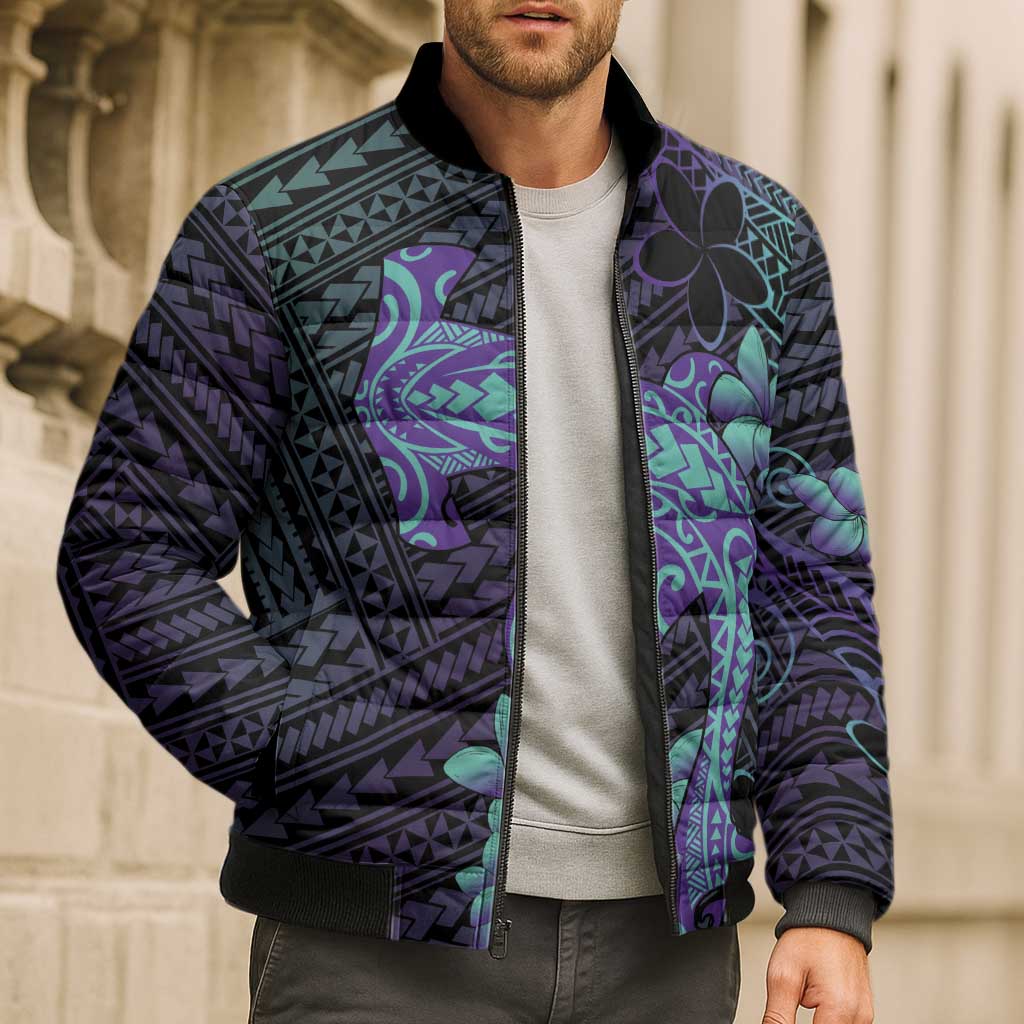 Purple Paradise Hawaii Bomber Puffer Jacket Hammerhead Shark Tattoo Curve Polynesian - Polynesian Pride