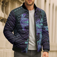 Purple Paradise Hawaii Bomber Puffer Jacket Hammerhead Shark Tattoo Curve Polynesian - Polynesian Pride