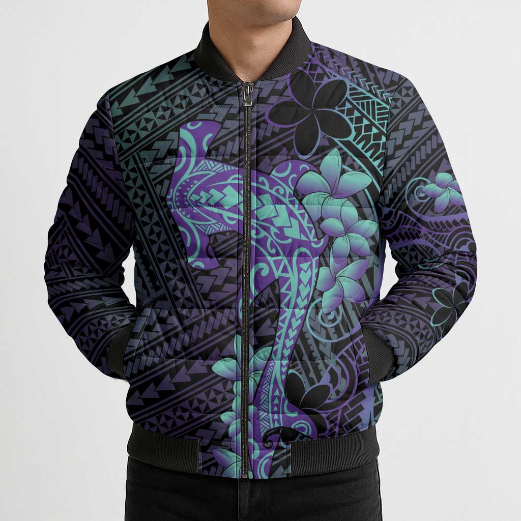 Purple Paradise Hawaii Bomber Puffer Jacket Hammerhead Shark Tattoo Curve Polynesian - Polynesian Pride