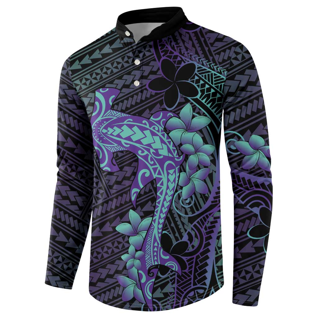 Purple Paradise Hawaii Button Sweatshirt Hammerhead Shark Tattoo Curve Polynesian - Polynesian Pride