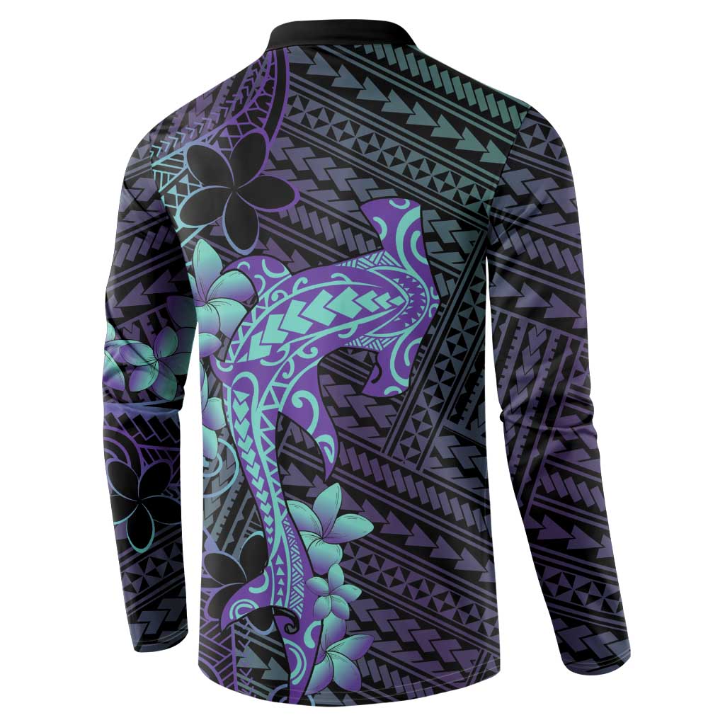 Purple Paradise Hawaii Button Sweatshirt Hammerhead Shark Tattoo Curve Polynesian - Polynesian Pride