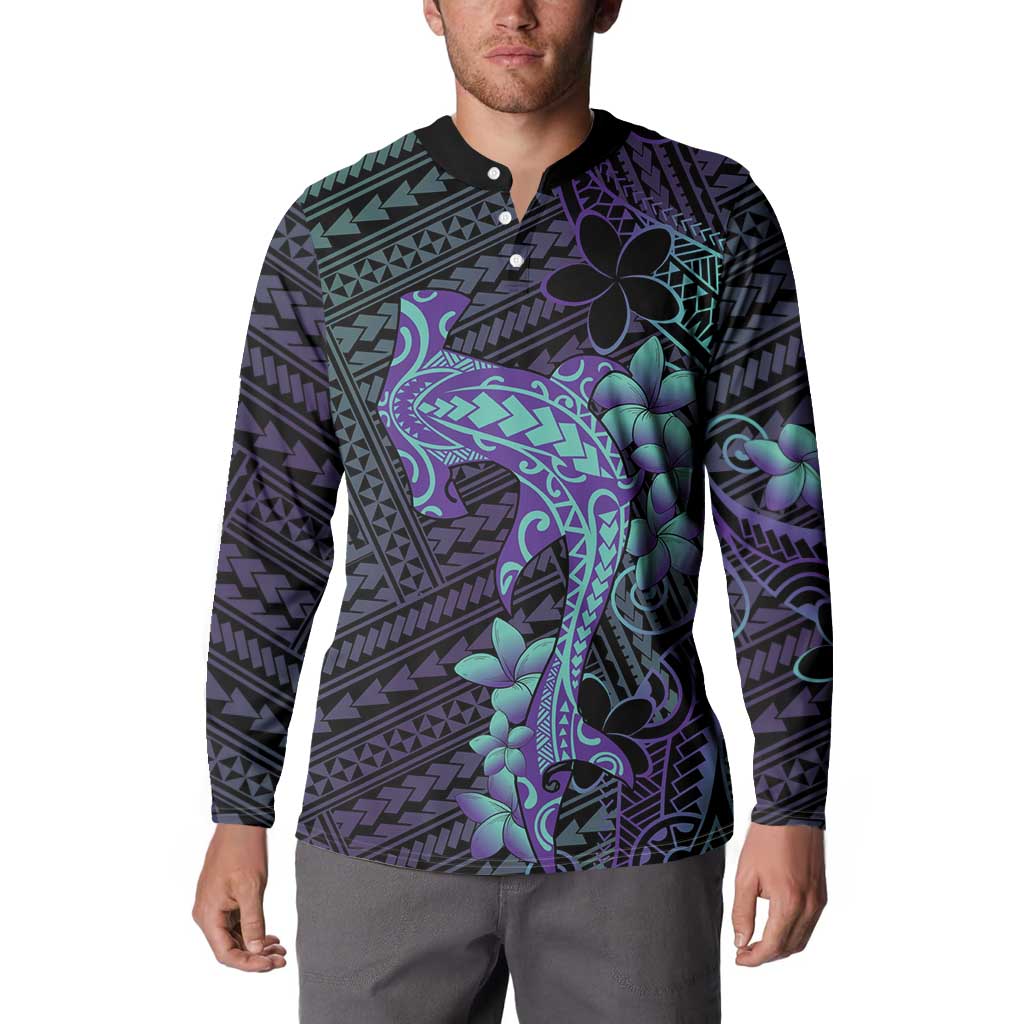 Purple Paradise Hawaii Button Sweatshirt Hammerhead Shark Tattoo Curve Polynesian - Polynesian Pride
