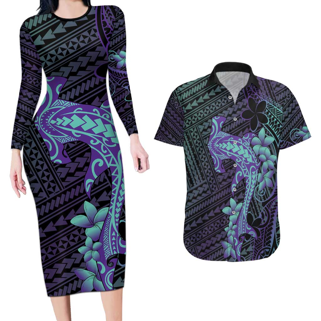 Purple Paradise Hawaii Couples Matching Long Sleeve Bodycon Dress and Hawaiian Shirt Hammerhead Shark Tattoo Curve Polynesian - Polynesian Pride