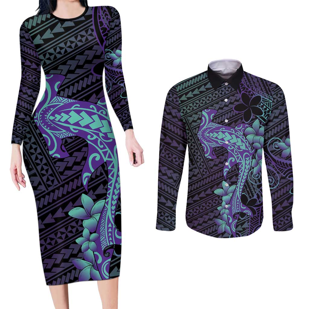 Purple Paradise Hawaii Couples Matching Long Sleeve Bodycon Dress and Long Sleeve Button Shirt Hammerhead Shark Tattoo Curve Polynesian - Polynesian Pride