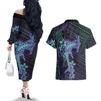 Purple Paradise Hawaii Couples Matching Off The Shoulder Long Sleeve Dress and Hawaiian Shirt Hammerhead Shark Tattoo Curve Polynesian - Polynesian Pride