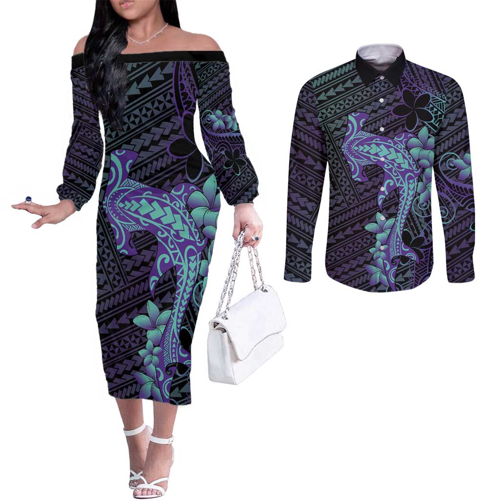 Purple Paradise Hawaii Couples Matching Off The Shoulder Long Sleeve Dress and Long Sleeve Button Shirt Hammerhead Shark Tattoo Curve Polynesian - Polynesian Pride