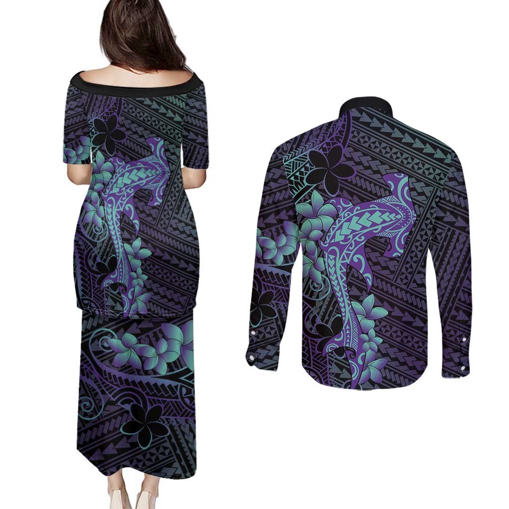 Purple Paradise Hawaii Couples Matching Puletasi and Long Sleeve Button Shirt Hammerhead Shark Tattoo Curve Polynesian - Polynesian Pride