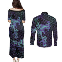Purple Paradise Hawaii Couples Matching Puletasi and Long Sleeve Button Shirt Hammerhead Shark Tattoo Curve Polynesian - Polynesian Pride