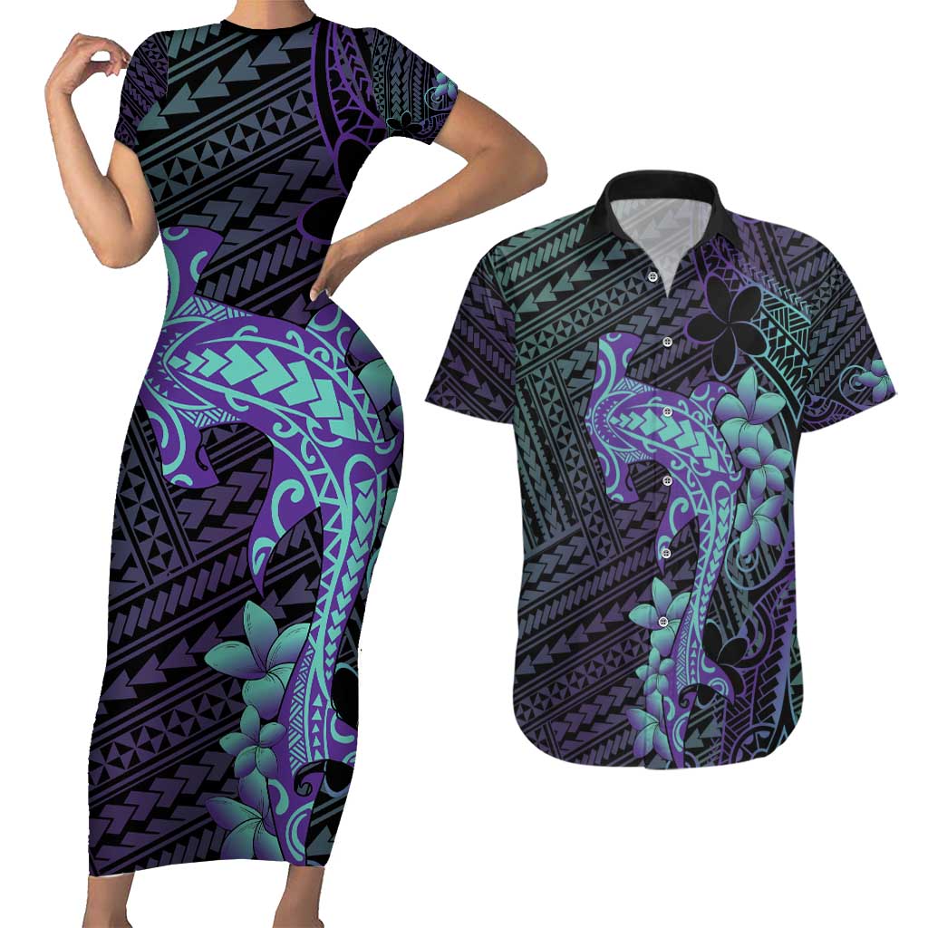 Purple Paradise Hawaii Couples Matching Short Sleeve Bodycon Dress and Hawaiian Shirt Hammerhead Shark Tattoo Curve Polynesian - Polynesian Pride
