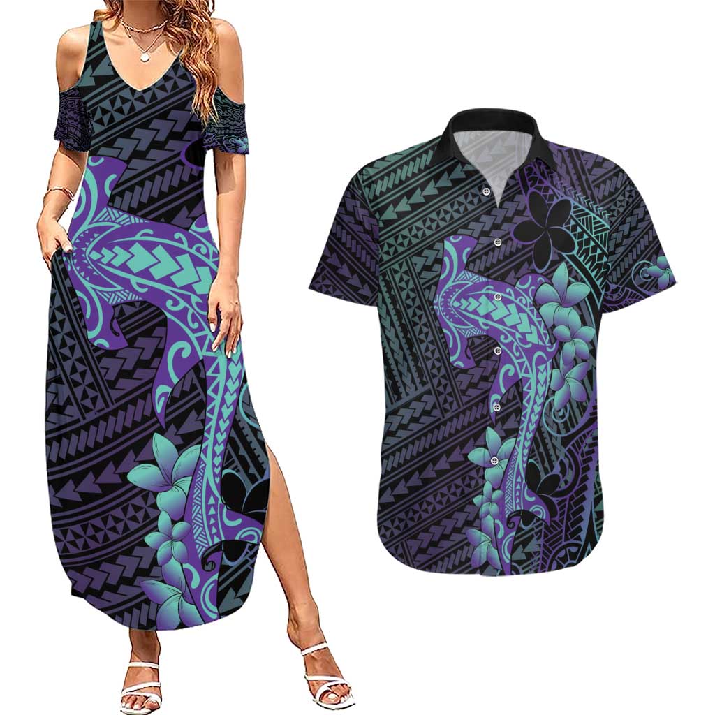 Purple Paradise Hawaii Couples Matching Summer Maxi Dress and Hawaiian Shirt Hammerhead Shark Tattoo Curve Polynesian - Polynesian Pride