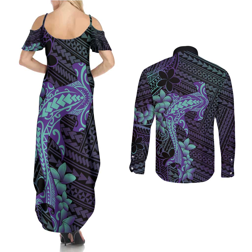 Purple Paradise Hawaii Couples Matching Summer Maxi Dress and Long Sleeve Button Shirt Hammerhead Shark Tattoo Curve Polynesian - Polynesian Pride