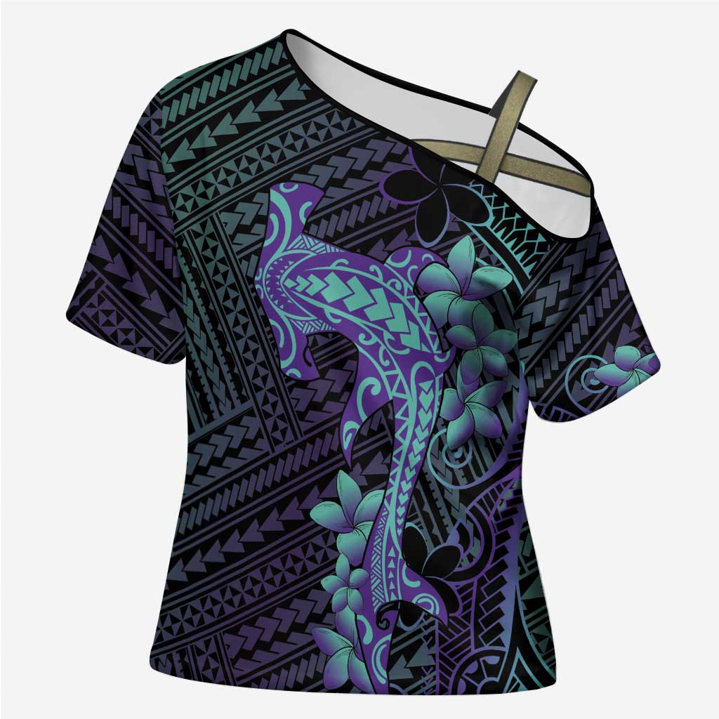 Purple Paradise Hawaii Cross Shoulder Shirt Hammerhead Shark Tattoo Curve Polynesian - Polynesian Pride
