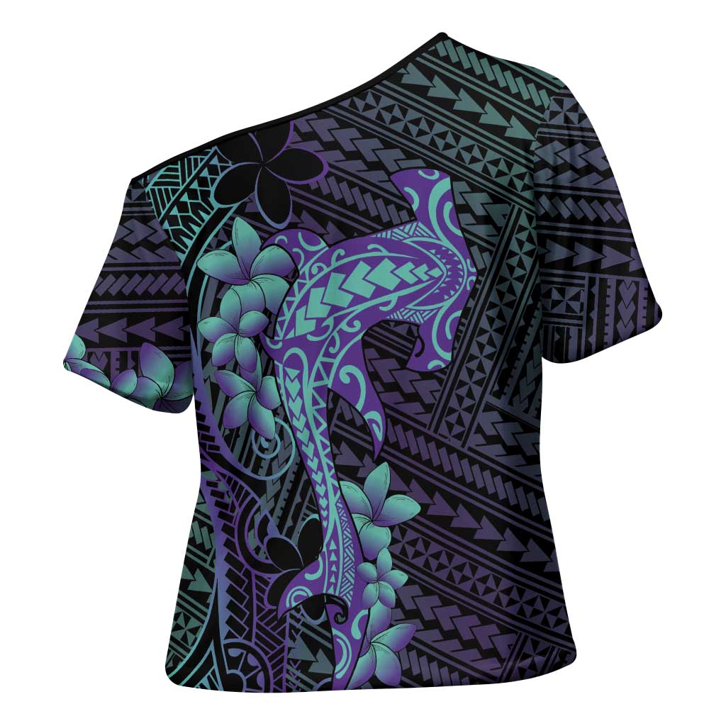 Purple Paradise Hawaii Cross Shoulder Shirt Hammerhead Shark Tattoo Curve Polynesian - Polynesian Pride