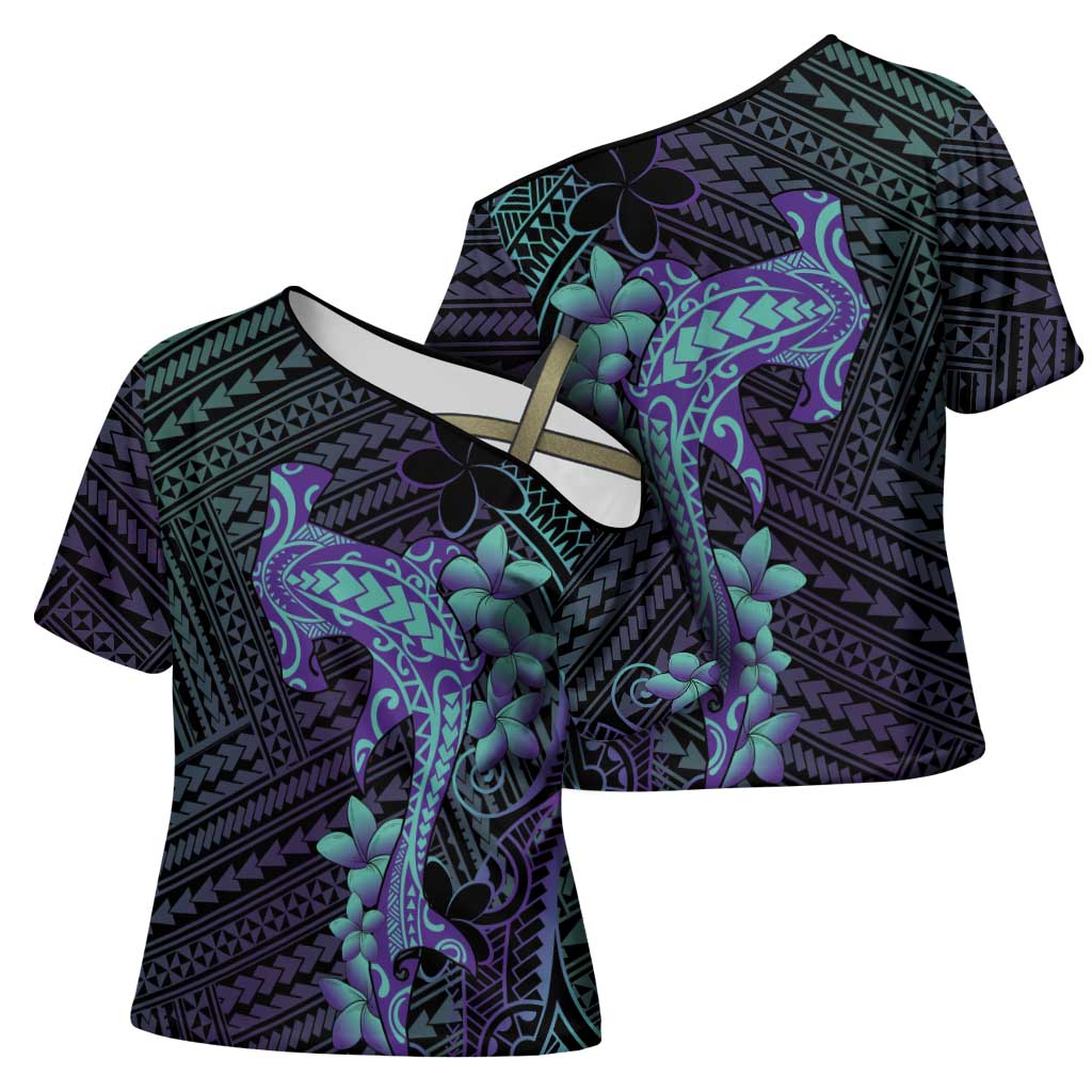 Purple Paradise Hawaii Cross Shoulder Shirt Hammerhead Shark Tattoo Curve Polynesian - Polynesian Pride