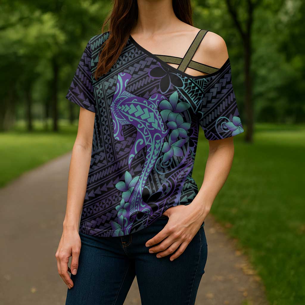 Purple Paradise Hawaii Cross Shoulder Shirt Hammerhead Shark Tattoo Curve Polynesian - Polynesian Pride