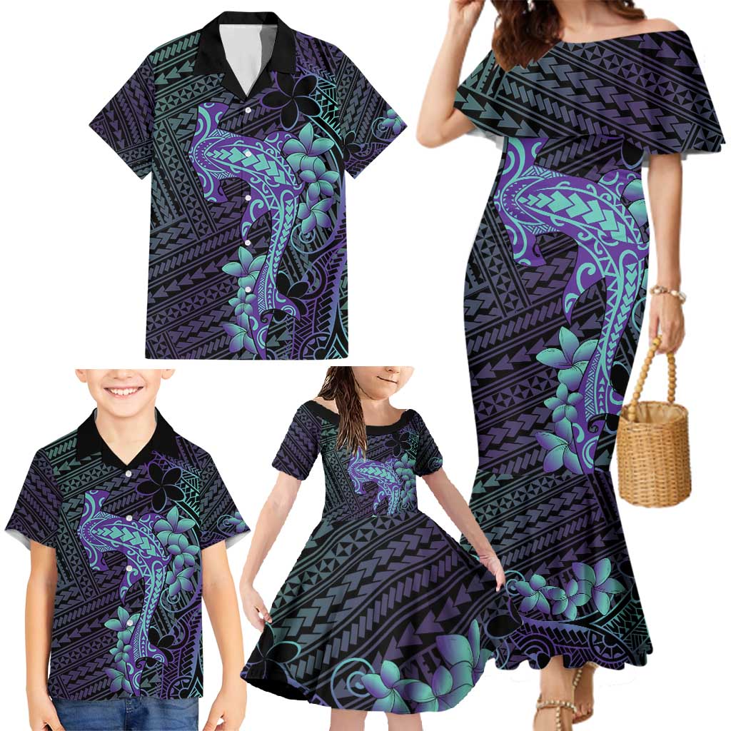 Purple Paradise Hawaii Family Matching Mermaid Dress and Hawaiian Shirt Hammerhead Shark Tattoo Curve Polynesian - Polynesian Pride