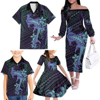 Purple Paradise Hawaii Family Matching Off The Shoulder Long Sleeve Dress and Hawaiian Shirt Hammerhead Shark Tattoo Curve Polynesian - Polynesian Pride
