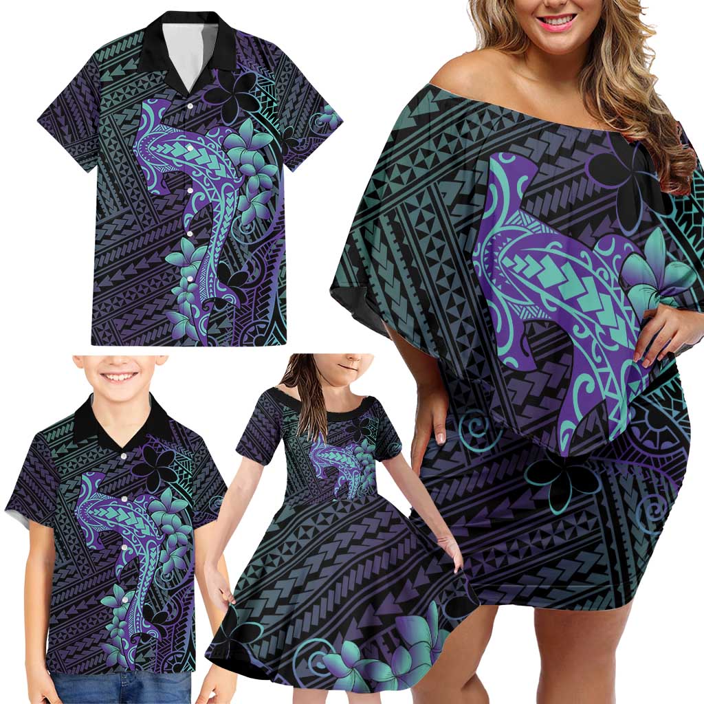 Purple Paradise Hawaii Family Matching Off Shoulder Short Dress and Hawaiian Shirt Hammerhead Shark Tattoo Curve Polynesian - Polynesian Pride