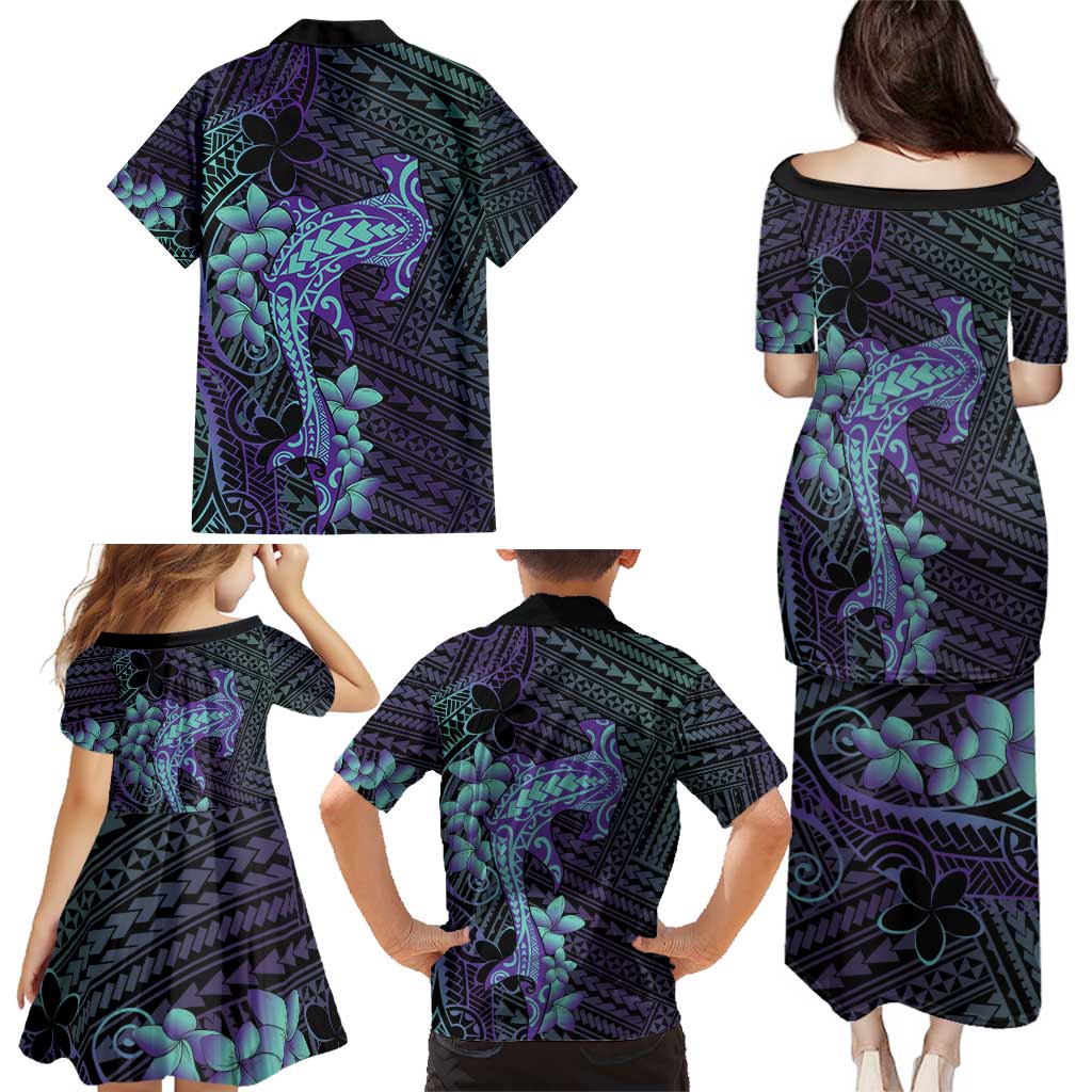 Purple Paradise Hawaii Family Matching Puletasi and Hawaiian Shirt Hammerhead Shark Tattoo Curve Polynesian - Polynesian Pride
