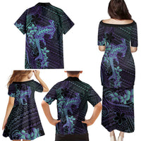 Purple Paradise Hawaii Family Matching Puletasi and Hawaiian Shirt Hammerhead Shark Tattoo Curve Polynesian - Polynesian Pride