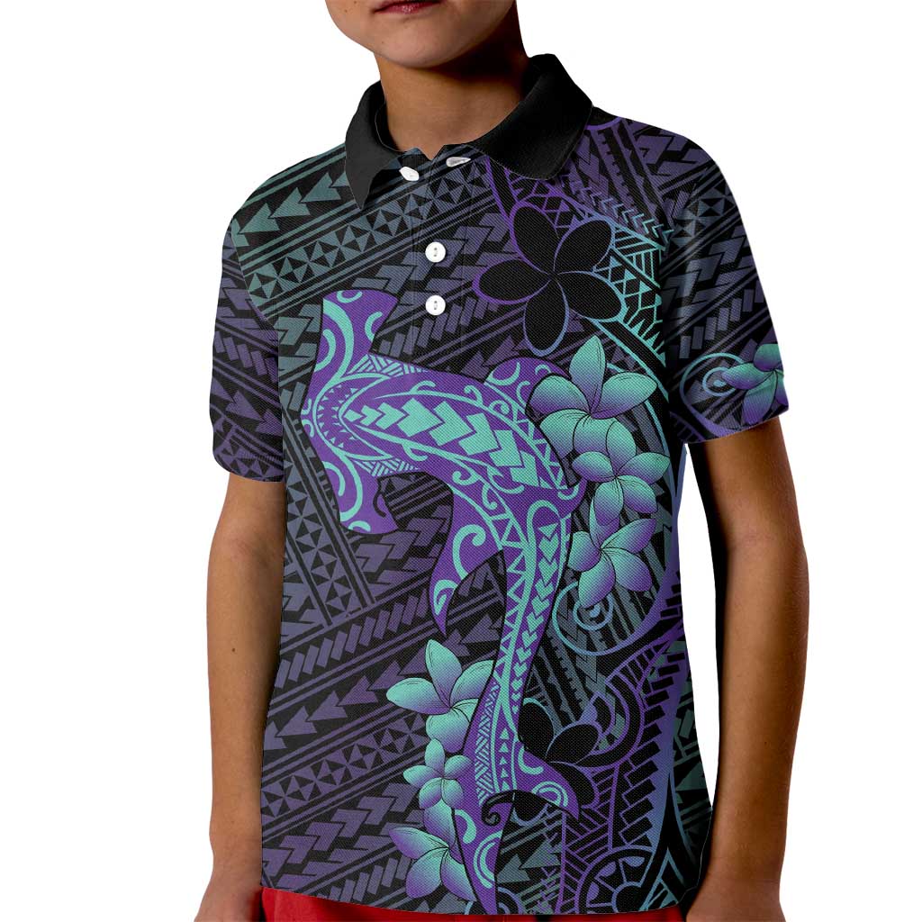 Purple Paradise Hawaii Kid Polo Shirt Hammerhead Shark Tattoo Curve Polynesian - Polynesian Pride