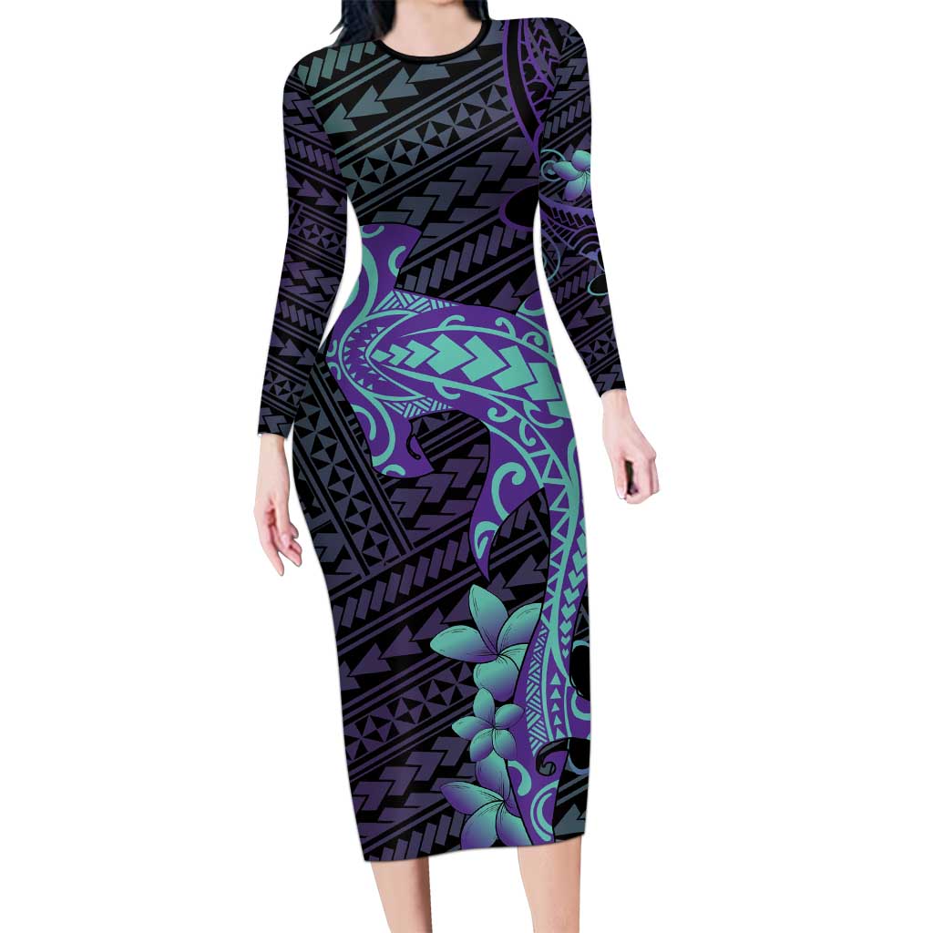 Purple Paradise Hawaii Long Sleeve Bodycon Dress Hammerhead Shark Tattoo Curve Polynesian - Polynesian Pride