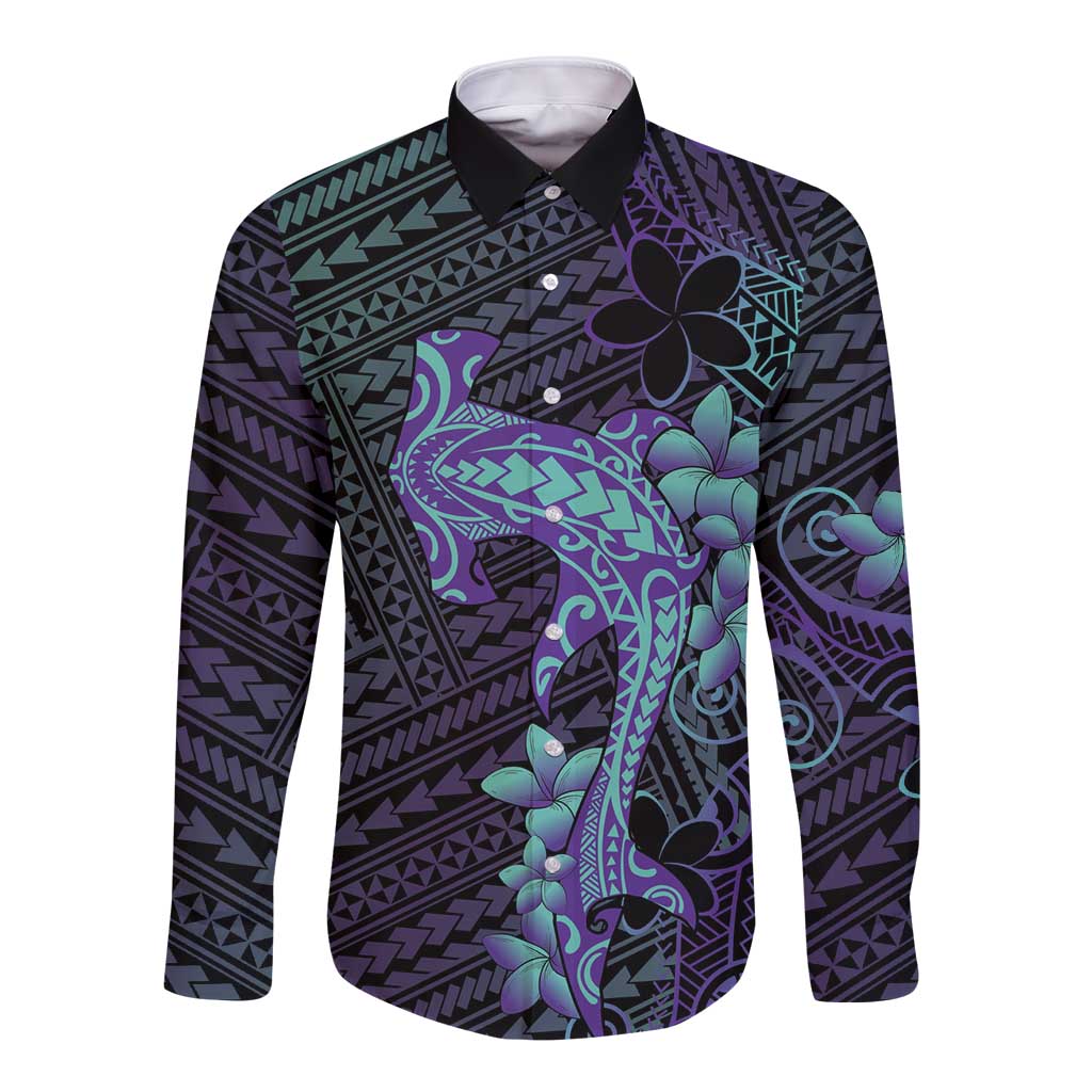 Purple Paradise Hawaii Long Sleeve Button Shirt Hammerhead Shark Tattoo Curve Polynesian - Polynesian Pride