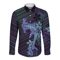 Purple Paradise Hawaii Long Sleeve Button Shirt Hammerhead Shark Tattoo Curve Polynesian - Polynesian Pride