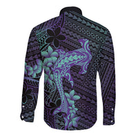 Purple Paradise Hawaii Long Sleeve Button Shirt Hammerhead Shark Tattoo Curve Polynesian - Polynesian Pride