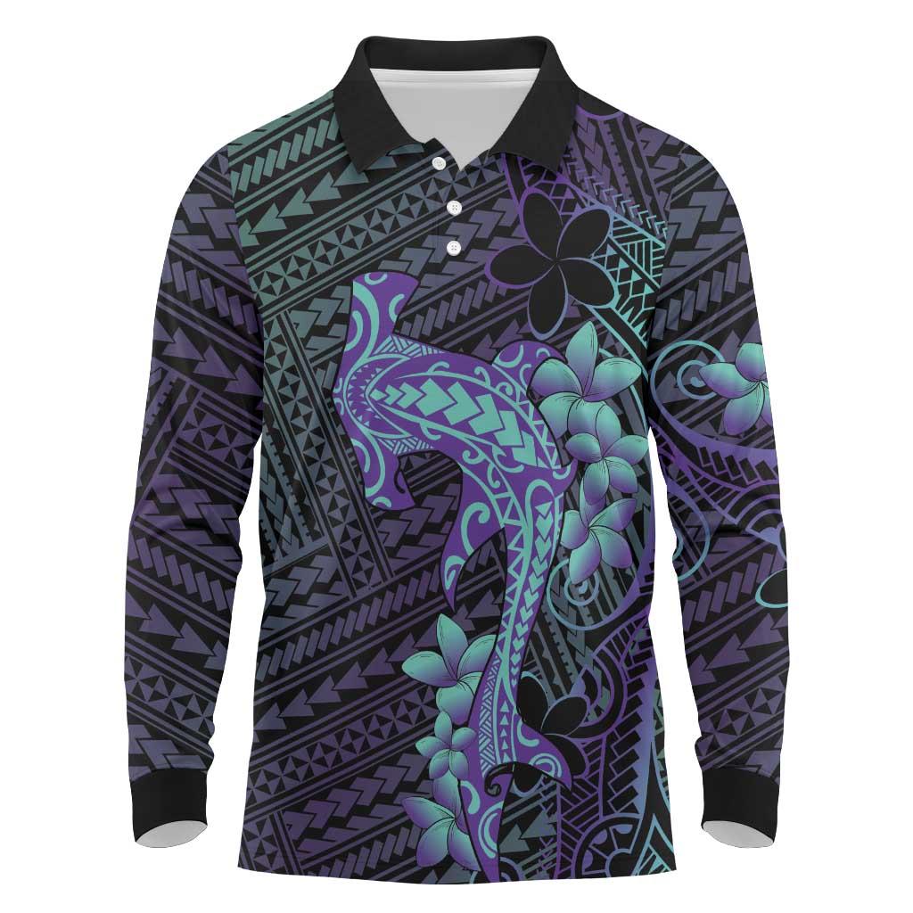 Purple Paradise Hawaii Long Sleeve Polo Shirt Hammerhead Shark Tattoo Curve Polynesian - Polynesian Pride