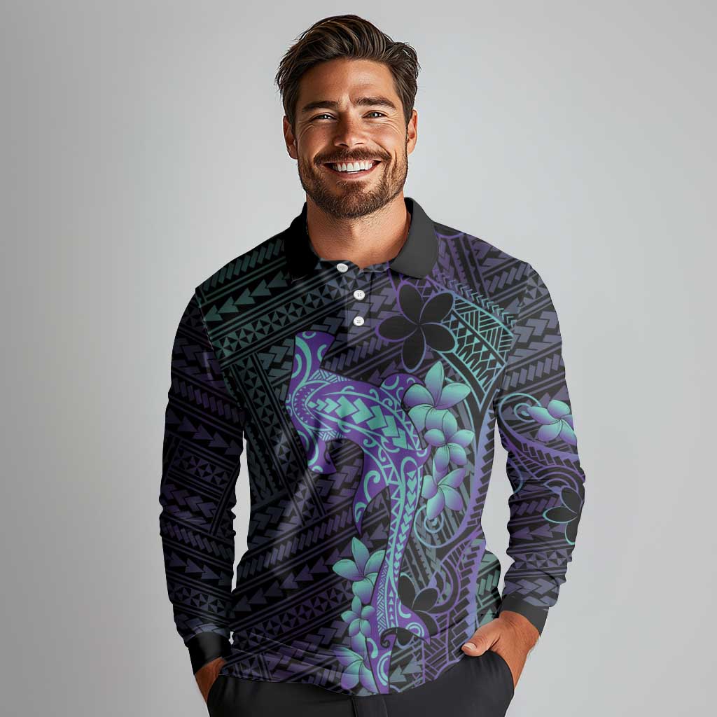 Purple Paradise Hawaii Long Sleeve Polo Shirt Hammerhead Shark Tattoo Curve Polynesian - Polynesian Pride