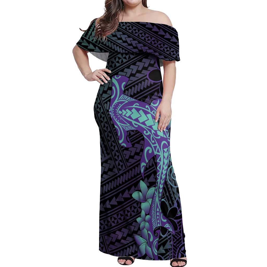 Purple Paradise Hawaii Off Shoulder Maxi Dress Hammerhead Shark Tattoo Curve Polynesian - Polynesian Pride