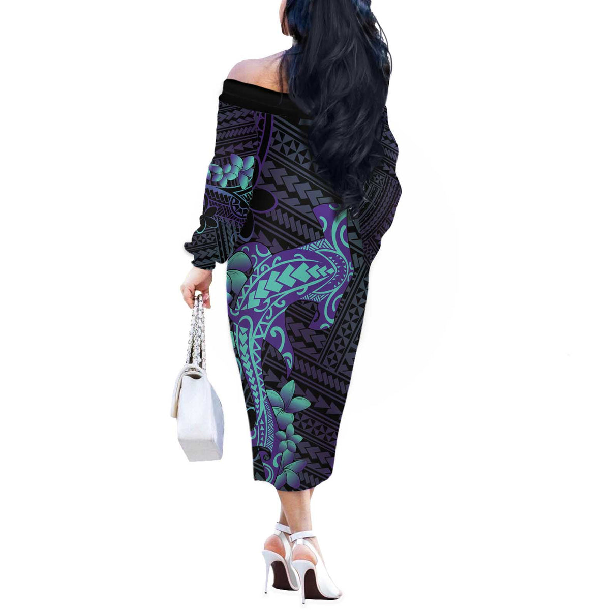 Purple Paradise Hawaii Off The Shoulder Long Sleeve Dress Hammerhead Shark Tattoo Curve Polynesian - Polynesian Pride