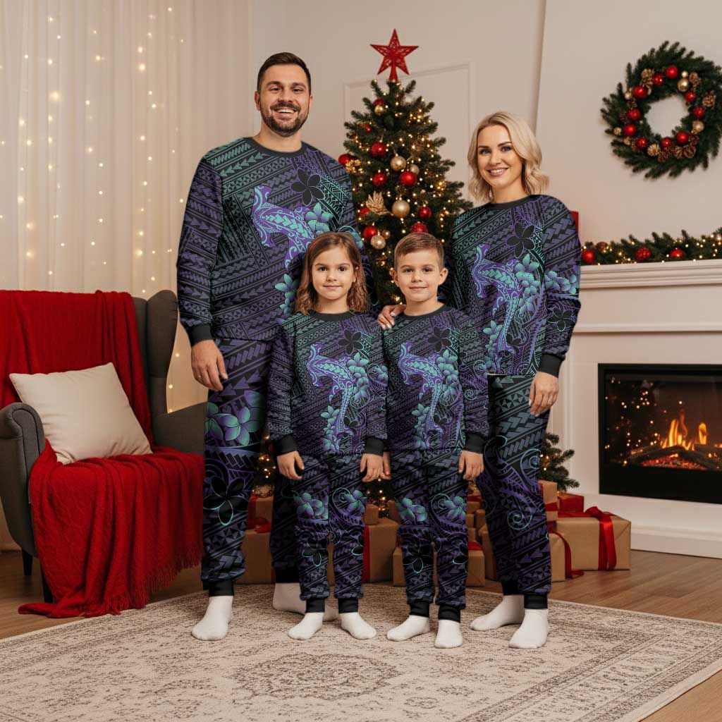 Purple Paradise Hawaii Christmas Pajama Set Hammerhead Shark Tattoo Curve Polynesian - Polynesian Pride