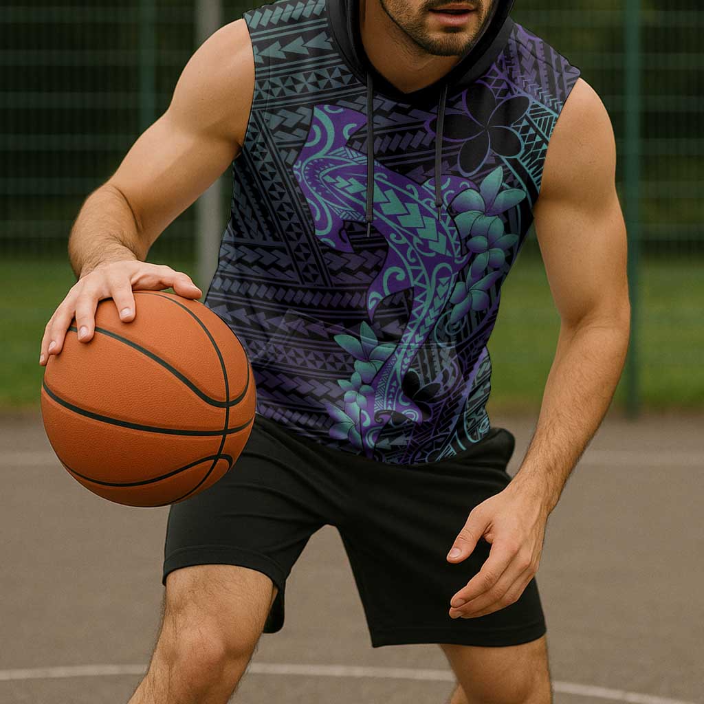 Purple Paradise Hawaii Sleeveless Hoodie Hammerhead Shark Tattoo Curve Polynesian - Polynesian Pride