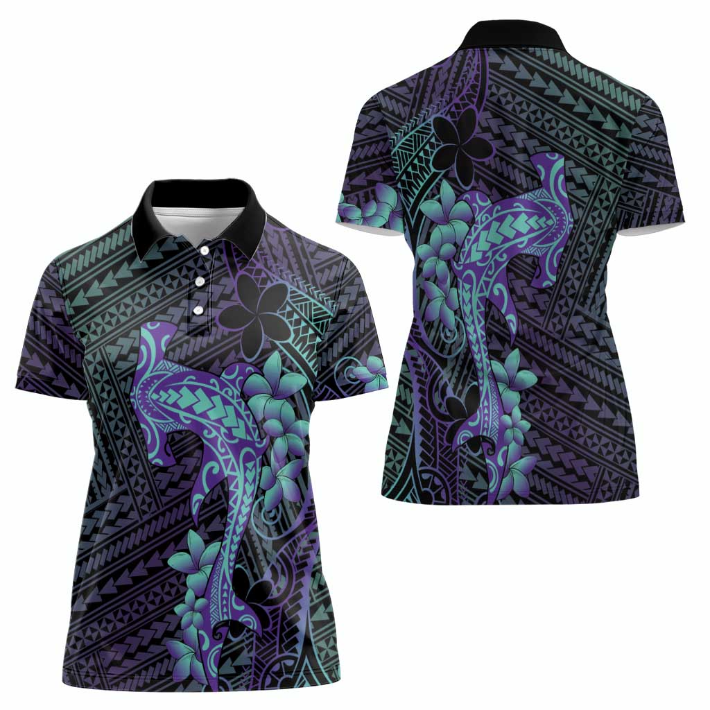 Purple Paradise Hawaii Women Polo Shirt Hammerhead Shark Tattoo Curve Polynesian - Polynesian Pride