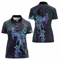 Purple Paradise Hawaii Women Polo Shirt Hammerhead Shark Tattoo Curve Polynesian - Polynesian Pride
