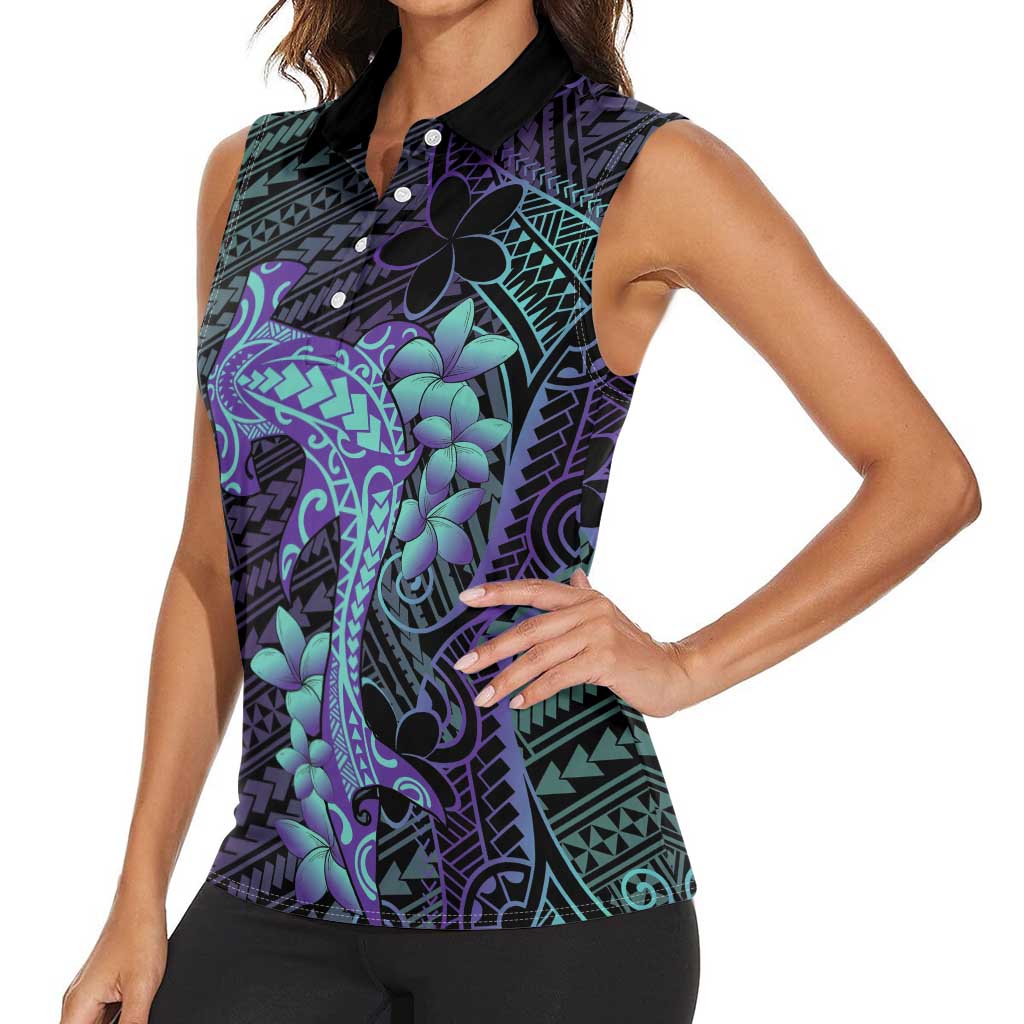 Purple Paradise Hawaii Women Sleeveless Polo Shirt Hammerhead Shark Tattoo Curve Polynesian - Polynesian Pride