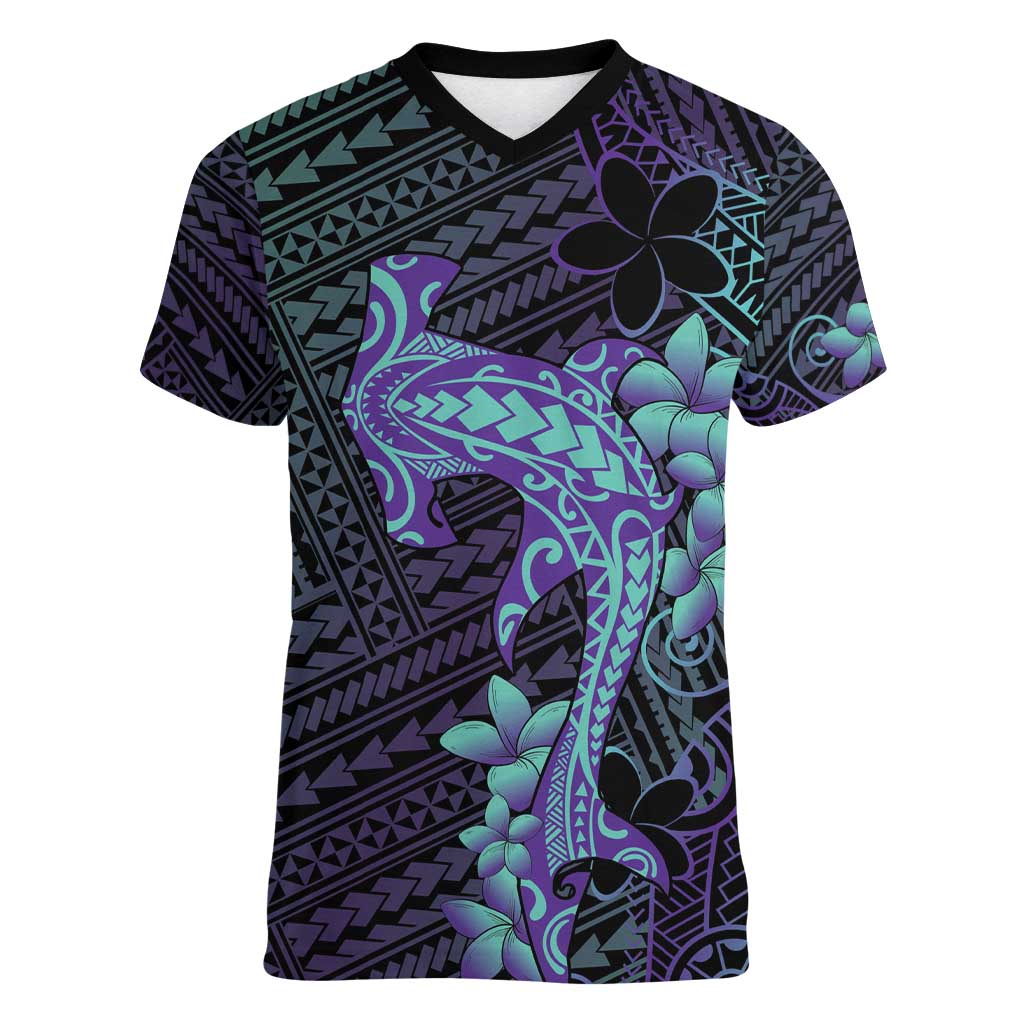 Purple Paradise Hawaii Women V-Neck T-Shirt Hammerhead Shark Tattoo Curve Polynesian - Polynesian Pride