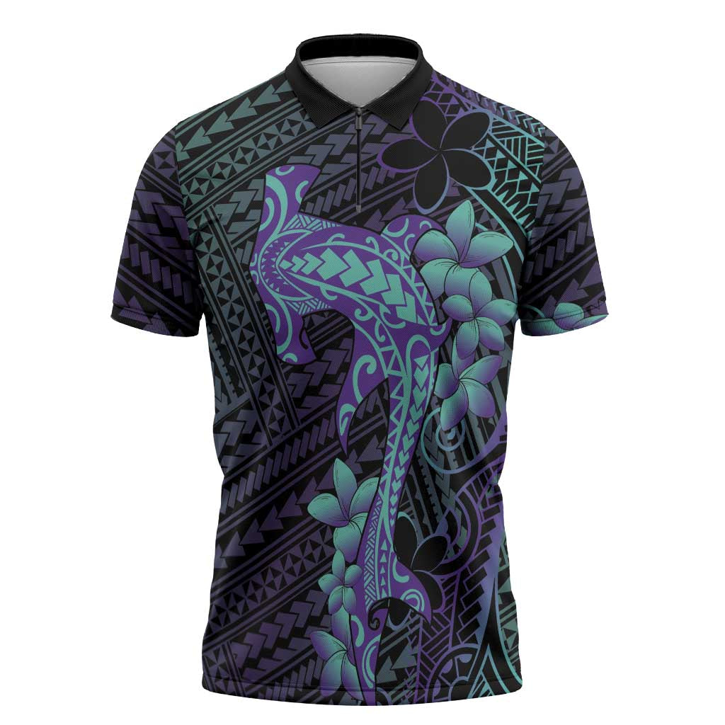 Purple Paradise Hawaii Zipper Polo Shirt Hammerhead Shark Tattoo Curve Polynesian - Polynesian Pride
