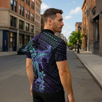 Purple Paradise Hawaii Zipper Polo Shirt Hammerhead Shark Tattoo Curve Polynesian - Polynesian Pride