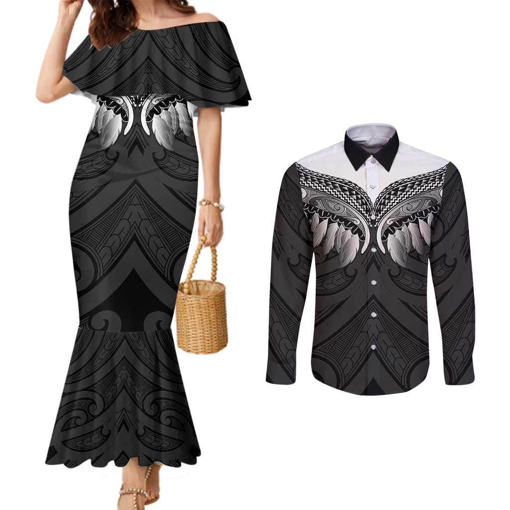 Poutama Korowai New Zealand Couples Matching Mermaid Dress and Long Sleeve Button Shirt Aotearoa Maori Tattoo - Polynesian Pride