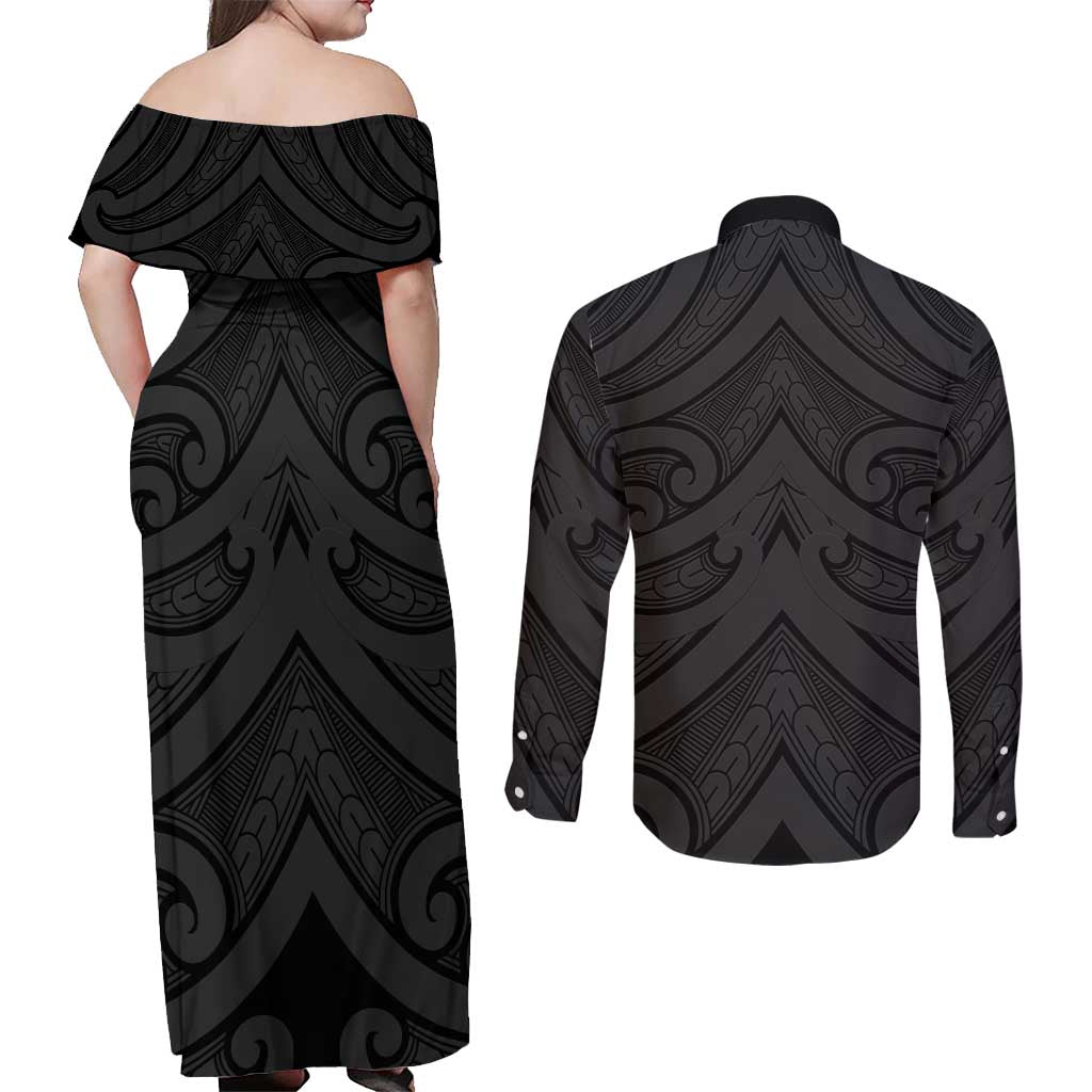 Poutama Korowai New Zealand Couples Matching Off Shoulder Maxi Dress and Long Sleeve Button Shirt Aotearoa Maori Tattoo - Polynesian Pride