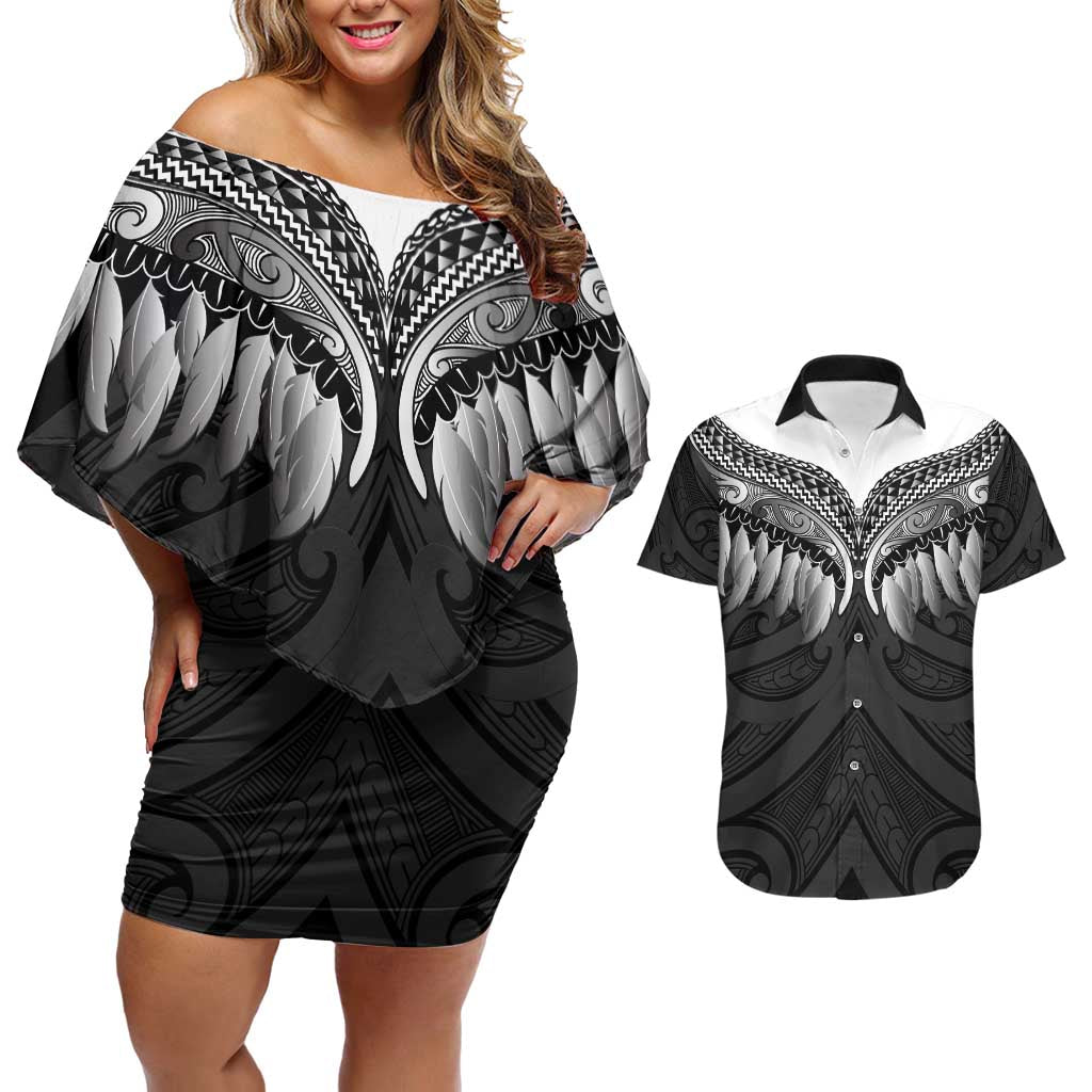 Poutama Korowai New Zealand Couples Matching Off Shoulder Short Dress and Hawaiian Shirt Aotearoa Maori Tattoo - Polynesian Pride