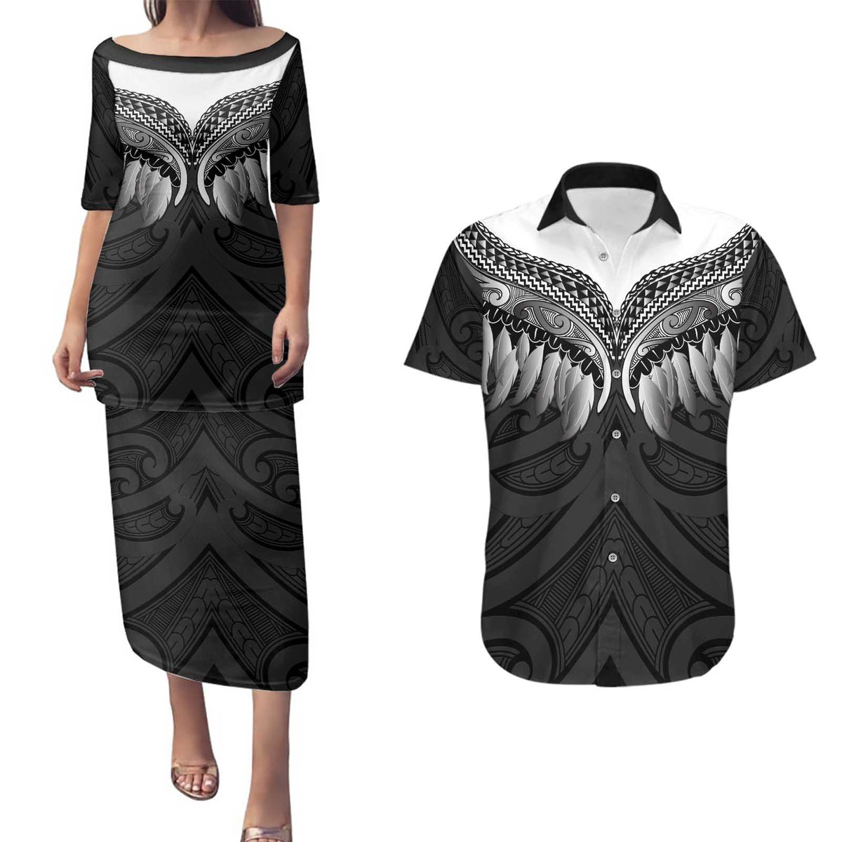 Poutama Korowai New Zealand Couples Matching Puletasi and Hawaiian Shirt Aotearoa Maori Tattoo - Polynesian Pride