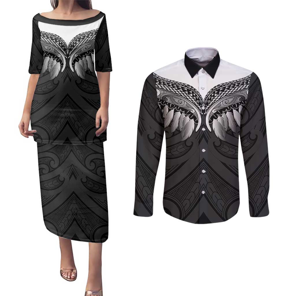 Poutama Korowai New Zealand Couples Matching Puletasi and Long Sleeve Button Shirt Aotearoa Maori Tattoo - Polynesian Pride
