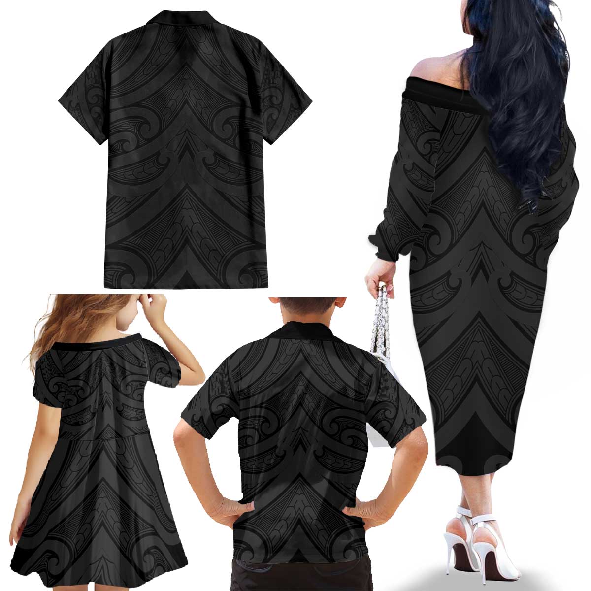 Poutama Korowai New Zealand Family Matching Off The Shoulder Long Sleeve Dress and Hawaiian Shirt Aotearoa Maori Tattoo - Polynesian Pride
