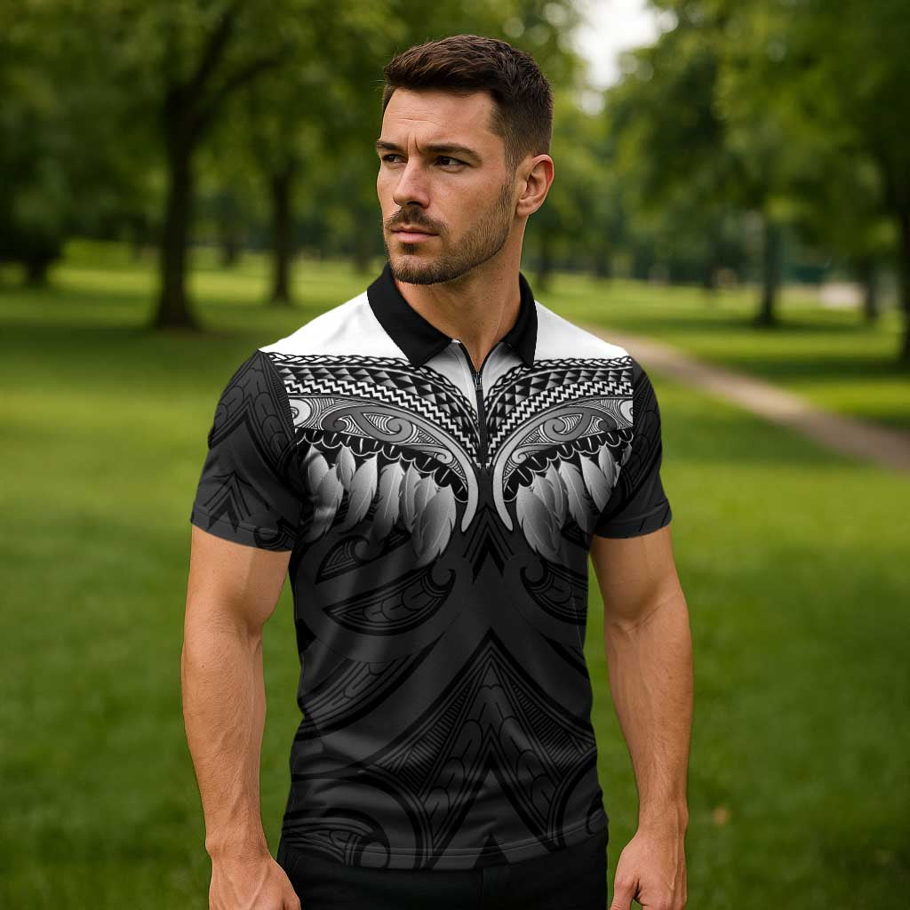 Poutama Korowai New Zealand Zipper Polo Shirt Aotearoa Maori Tattoo - Polynesian Pride